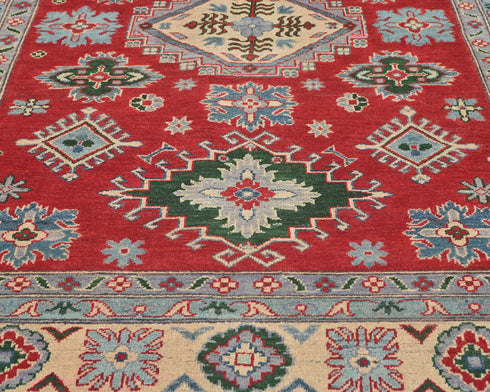 6x8 Red Kuba Afghan Hand Knotted Wool Area Rug